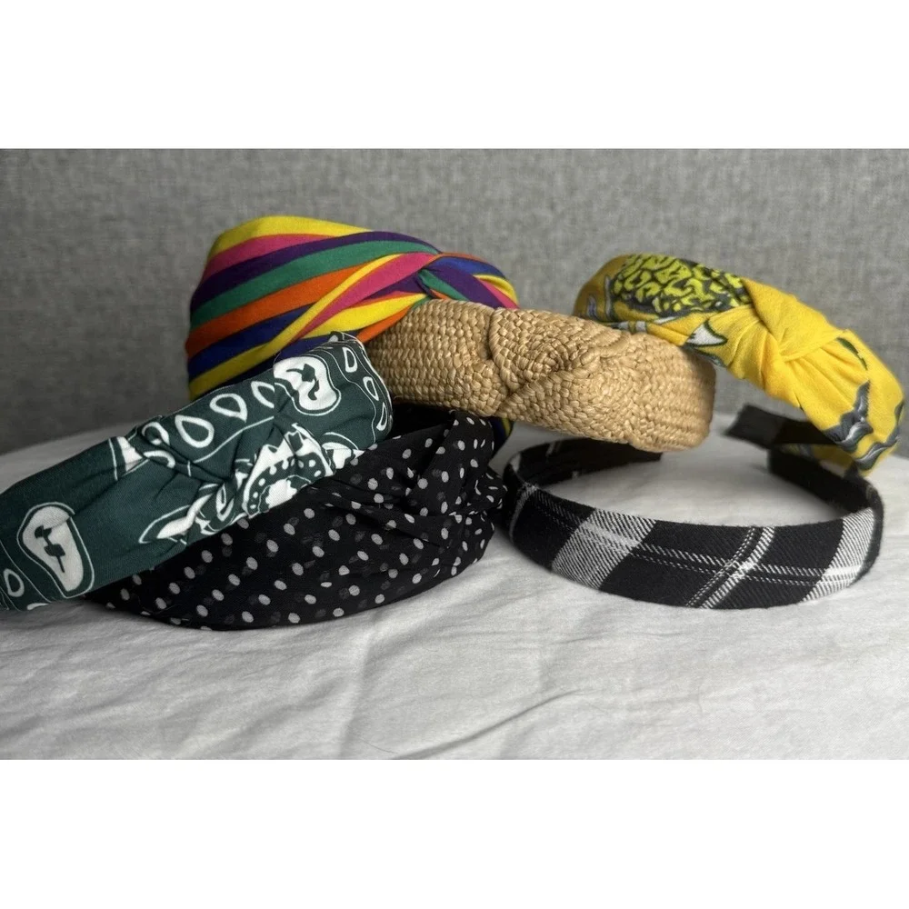 Lot 6 Fabric Headbands Plaid Classic Polka‎ Dot Straw Vintage Look